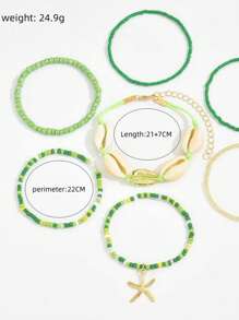 7pcs/Set Women Beach Vacation Seashell Starfish & Rice Bead Bracelets Boho Style Bangles
