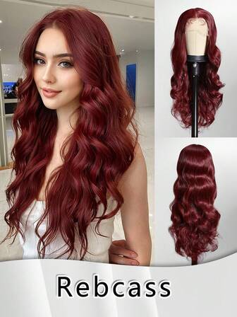 26 Inches Wine Red Body Wave Curly Hair 13X4 Synthetic Fiber Front Heat Resistant Lace Wig Fully Machine Made For Daily Party Use High Quality For Women Natural Looking High Quality Synthetic Soft Wig
