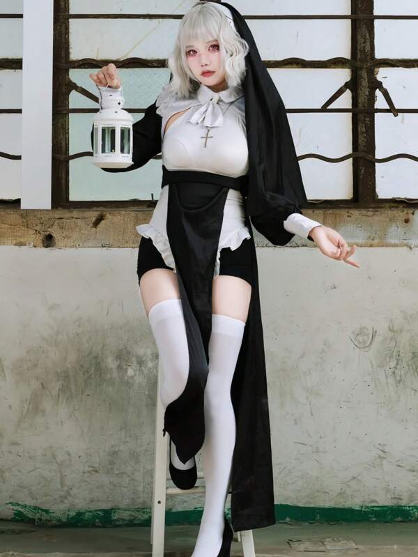 1pc Monochrome Sexy Slit Bodycon Cosplay Costume Set, Accessories Randomly Included