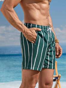 Men's Casual Striped Drawstring Beach Shorts, Fashionable Beach Outfit For Summer Vacation - Multicolor - View 2