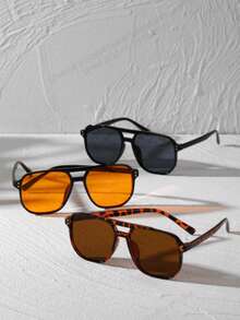 1 件女士方形铆钉双桥时尚眼镜，橙色、黑色、黄色...