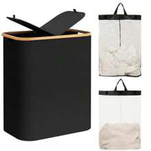 Set di cesti portaoggetti per il bucato di grandi dimensioni, pieghevole con coperchio, con manico, con borsa interna rimovibile, cesto portabiancheria con manico in bambù, adatto per dormitori, camere da letto, bagni, organizzazione dello spazio, forma rettangolare, cesto per il bucato