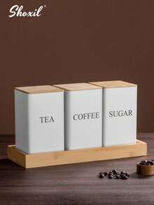 shoxil 3pcs Coffee Tea Sugar Canister Set For Kitchen Countertop, Metal Canisters With Airtight Bamboo Lid, Coffee Jar Sugar Jar Tea Jar, Coffee Tea Sugar Container Set, Square Kitchen Containers For Food Storage