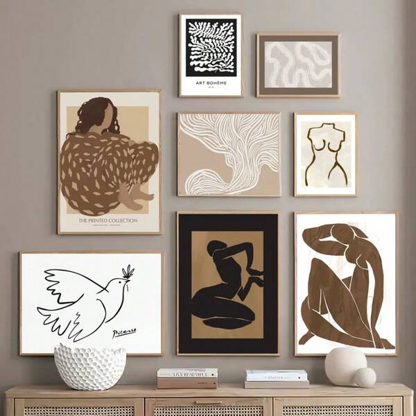 1pc Abstract Beige Vintage Poster Print Picasso Matisse Line Canvas Painting Wall Art Living Room Home Decor Optional Frame