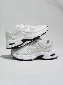 New Women Casual Sneakers, Preppy Style Chunky Sneakers, Lace-Up Round Toe Mesh & Leather Patchwork Breathable Versatile Printed Graffiti College Style Student Shoes, Outdoor Hiking Casual Commuting Shoes, Plus Size European Fit