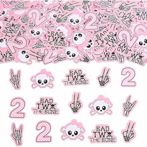 200Pcs Bad Two The Bone Confetti, Pink And Black Bad Two The Bone Birthday Decoration, Double Sided Table Confetti Scatters For Born To Rock Music Theme 2nd Birthday Party Supplies