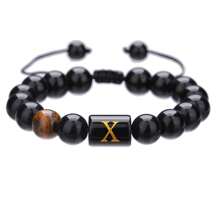 1pc Natural Black Agate 26 Letter Beaded Adjustable Braided Bracelet, Suitable For Various Occasions Like Festivals, Sports, Casual, Business Wear