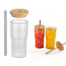 20oz Glass Cup With Straw And Wooden Lid, Textured Design, Suitable For Juice, Milk Tea, Beverage And Water