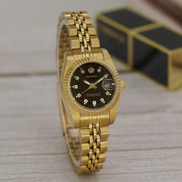 PROKING 100% Authentic Crown Brand Women's Watch, Waterproof Business Fashion Ladies Watch, Elegant Elegant Steel Band Calendar Diamond Decoration Gold Color Stainless Steel Black Dial Quartz Watch, Daily Wear, Great Birthday Gift