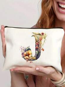 26-Letter Floral Alphabet Canvas Pouch - Lightweight Foldable Cosmetic Bag With Zipper Closure, Machine-Washable White Toiletry & Pen Case For Women, Mothers, Daughters - Perfect Graduation, Wedding, Holiday Gift