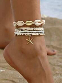 7pcs/Set Women Beach Vacation Seashell Starfish & Rice Bead Bracelets Boho Style Bangles