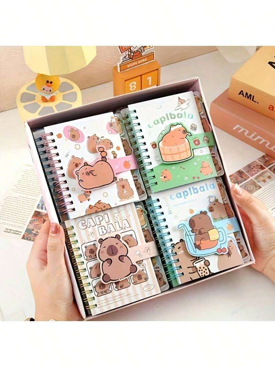 1 pieza Cuaderno tamaño A7 con tema de Capibara, estilo lindo de Capibara, 65 páginas cada uno, con espiral, páginas perforadas, tapa con , diseño de dibujos animados versátil apto para varias escenas, vuelta al cole - Multicolor - Ver 1
