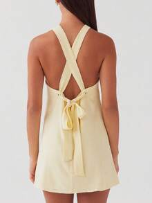 Y2k Women Graduation Halter Mini Dress Tie Up Backless Sleeveless Bodycon Cami Short Dresses Aesthetic Summer - Màu vàng - Xem 3
