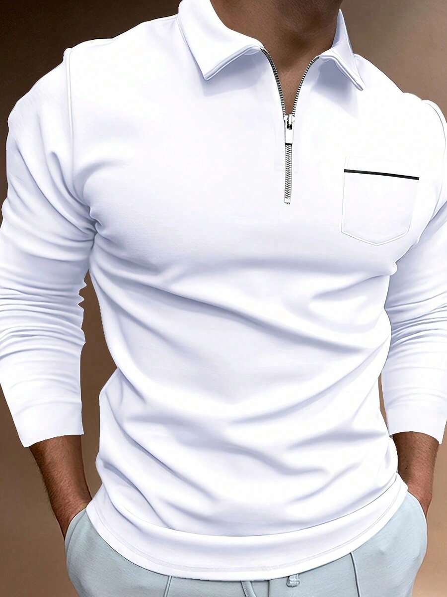 Men's Long-Sleeved Polo Shirt In A Solid Color, Casual And Comfortable, With A Chest Pocket And Zip Fastening, Suitable For Outdoor Wear In Spring And Autumn, Golf, Daily And Casual Wear. - White - View 1