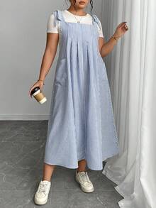 Plus Size Women Striped Dual Pocket Casual Loose Strap Dress Maxi Women Outfit