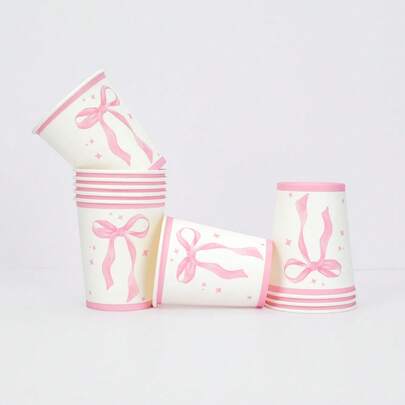 10 buc/20 buc/50 buc pahare de cafea de unică folosință cu fundă roz, pahare de hârtie cu bowknot pentru nuntă, ziua de naștere, petrecere de burlăcițe, consumabile