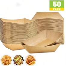 Set de 50 bandejas de papel kraft marrón para porciones pequeñas de comida para llevar, apropiadas para fiestas, reuniones, festivales y diversos aperitivos como papas fritas, pollo frito, tortas de maíz
