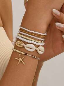 7pcs/Set Women Beach Vacation Seashell Starfish & Rice Bead Bracelets Boho Style Bangles