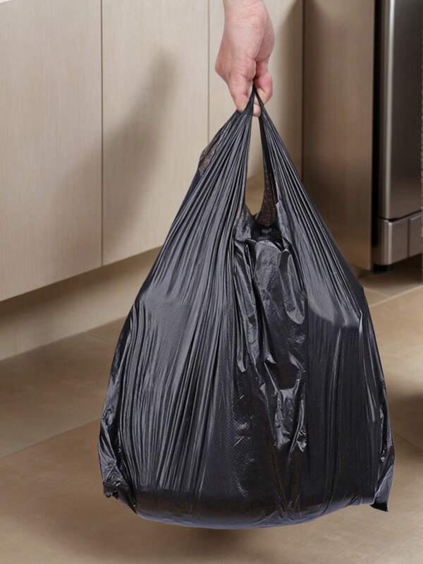 100 Pcs Disposable Thick Black Garbage Bags With Handles - Leak-Proof & Durable Vest Style Bin Liners For Household, Kitchen, Bathroom, Bedroom, Office & Dorm Cleanup.