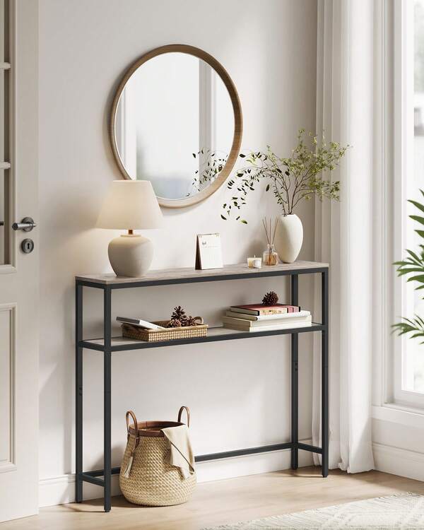 Mesa de Consola, Mesa Auxiliar Estrecha, 20 x 80 x 80 cm, Mesa de Entrada Moderna con 2 Estantes, para Sala de Estar, Dormitorio, Greige Mélange y Negro Tinta