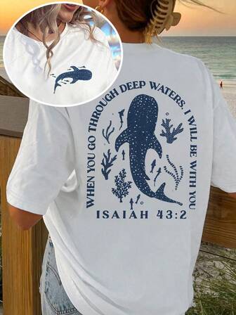 Maglietta da donna oversize con grafica di balena, spiaggia, squalo, Gesù, cocco, squalo, lettera, girocollo, manica corta, casual, polivalente, adatta per primavera ed estate