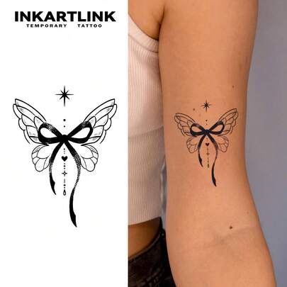  Tatouage temporaire Dark nœud papillon INKARTLINK Ruban gothique + élément céleste Résistant à l'eau jusqu'à 14 jours Pour la zone de la clavicule/de l'épaule