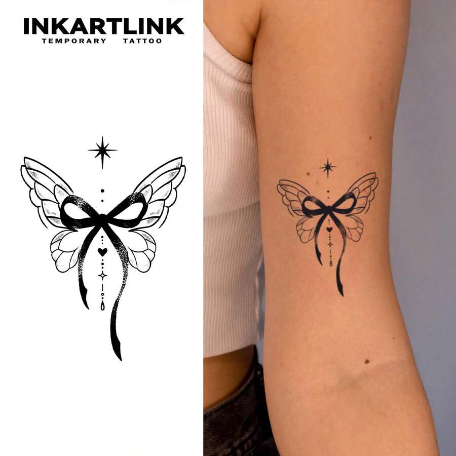 INKARTLINK 深色蝴蝶结临时纹身 | 哥特丝带 + 天体元素 | 防水长达 14 天 | 适用于锁骨/肩部区域 - 黑色 - 查看 1