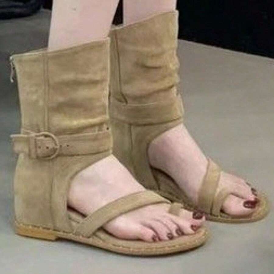 Women's Boho-Style Roman Sandals – Toe Separators With Cut-Outs, Comfortable & Fashionable, Slip-On Design - Khaki - View 1