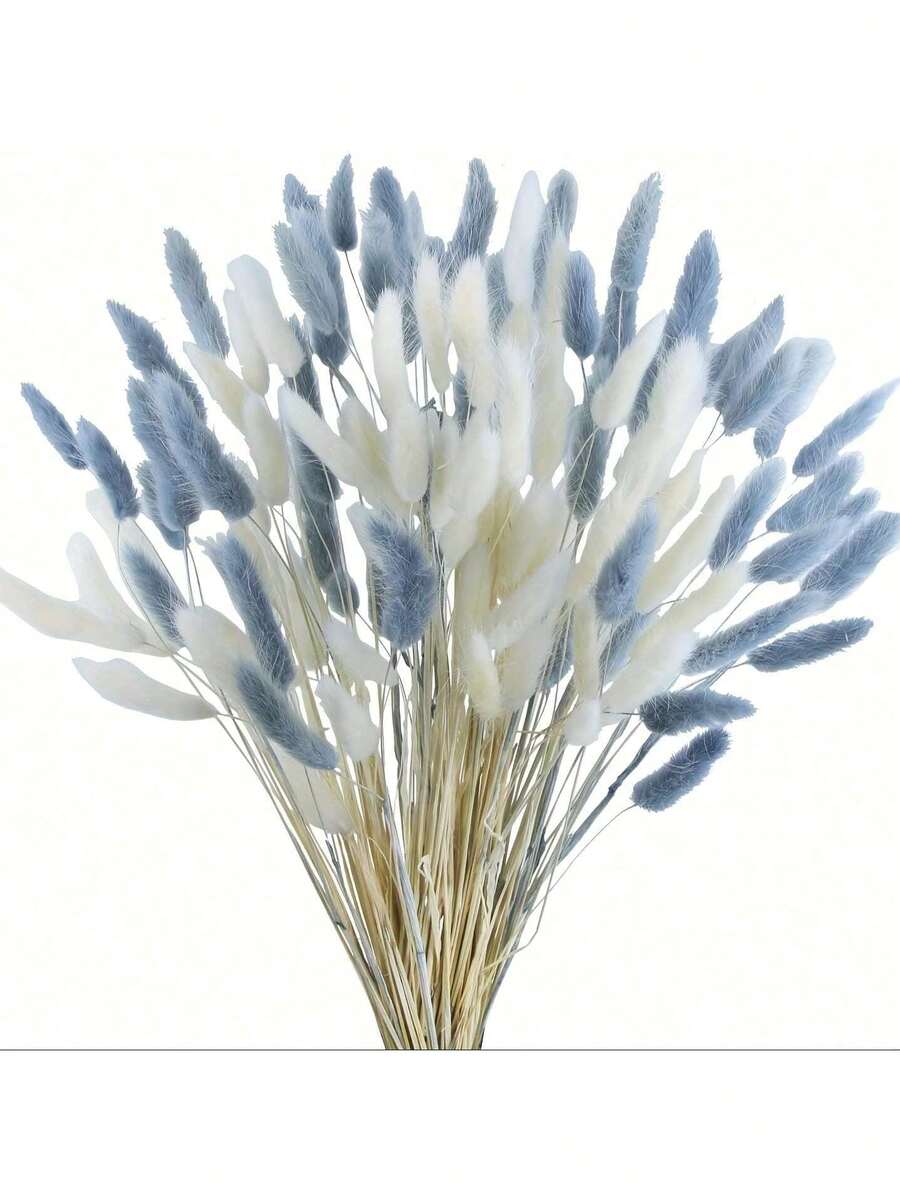 60/120 peças Flores Secas de Rabo de Coelho Lagurus Ovatus, Flores Secas Naturais Brancas e Cinzas de Capim-das-Pampas para Decoração Boho da Casa, Casamento DIY, Mesa de Fazenda, Decoração de Natal, Outono, Outono - Azul e Branco - Visão 1