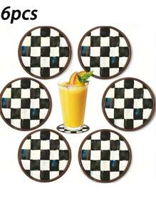 6 Stücke runde Holzuntersetzer - Schachbrettmuster - Kaffeetassen Getränkeuntersetzer für Heimdekoration Einweihungsgeschenk, dekorative Wein- und Bierbar-Untersetzer, 2D flacher Schutz für heiße und kalte Getränke, 4 Inches