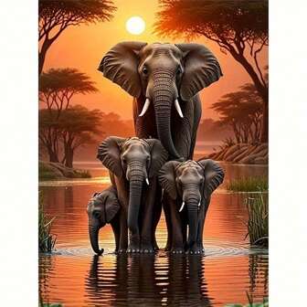 Pintura de diamantes sin marco, que representa a una familia de elefantes al atardecer, hecha con un diseño redondo 5D. Esta artesanía de arte de diamantes se puede usar como un mosaico decorativo para pared, un buen regalo DIY, sin marco, con múltiples tamaños para elegir
