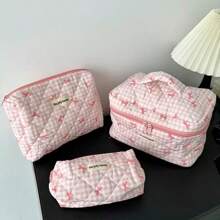 1pc SML Korean Style Plaid Bow Makeup Bag, Large Capacity Portable Travel Toiletry Organizer
