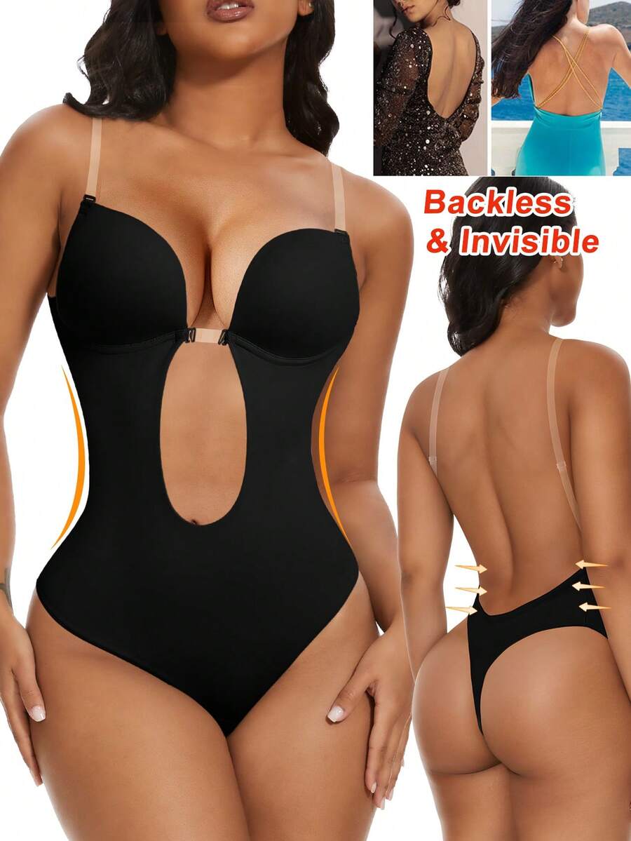 Backless Women Shapewear Bodysuit Built-In Bra U Plunge Tummy Control Slimming Body Shaper Thong Corset Lingerie Underwear Invisible Bras Sexy Deep V Push Up Under Wedding Dress - màu đen - Xem 1