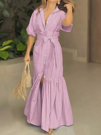 Women's Summer Casual Style, Fashion Elegant, Striped Lapel Belt And Long Dress In Front Are Suitable For Graduation Outfit.