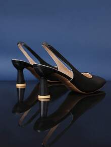 1 par de tacones altos de punta negra para adolescentes, material de PU suave, diseño elástico en la parte trasera, tacón de stiletto, sandalias de tacón alto elegantes y personalizadas de moda, aptas para uso diario, casual, viaje, oficina, nuevo lanzamiento de verano - Negro - Ver 3