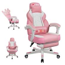 JAMFLY Gaming Chair For Adults, Ergonomic PU Leather Office Chair With Headrest & Footrest, Video Game Chairs With Massage Lumbar Support, Height Adjustable Computer Chair With 360° Swivel,Pink - Hồng - Xem 1