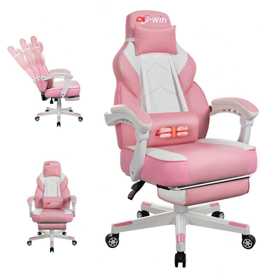 JAMFLY Gaming Chair For Adults, Ergonomic PU Leather Office Chair With Headrest & Footrest, Video Game Chairs With Massage Lumbar Support, Height Adjustable Computer Chair With 360° Swivel,Pink - Hồng - Xem 1