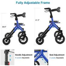 WALK MATE Tall Seniors-Folding Adjustable Aluminum Rollator Walker With Seat 12" Front Wheel + 10" Rear Wheel - Navy Blue - View 8