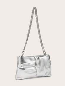 Ladies' One-Shoulder Bag, Square Bag, Wrinkled PU Texture, Metal Chain, Fashionable Design For Evening Events And Outings. - Silver - View 3