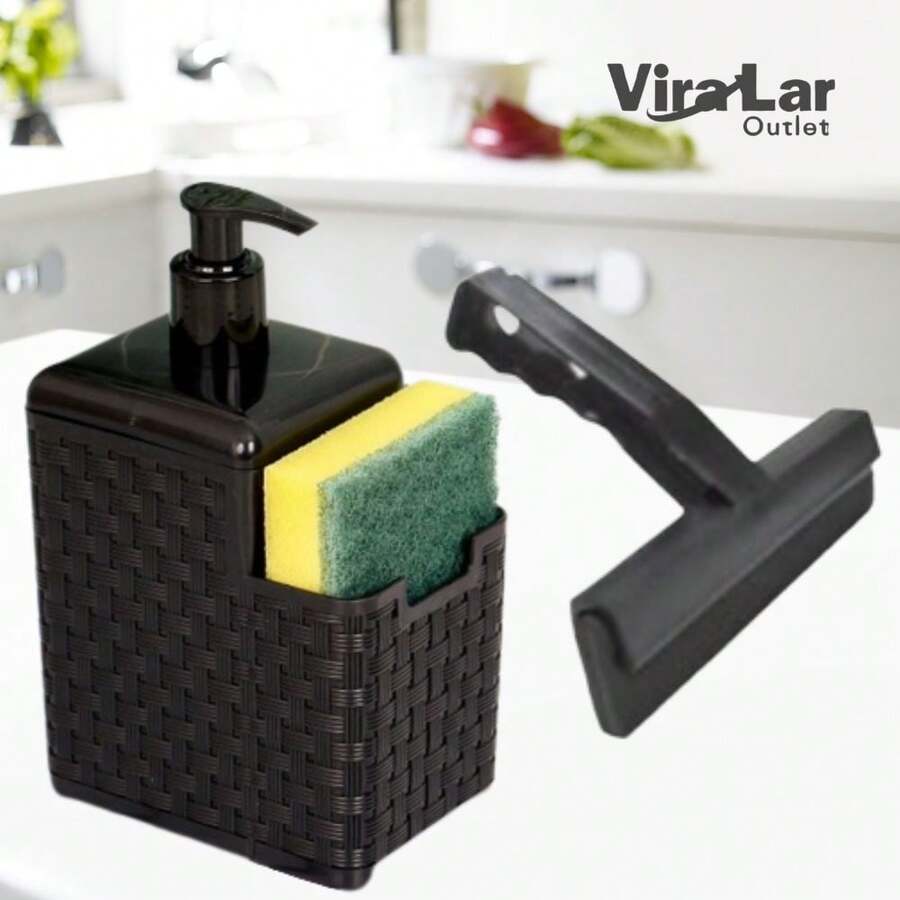 2 In 1 Detergent Soap Dispenser Holder With Sponge And Squeegee Holder - Black - View 1