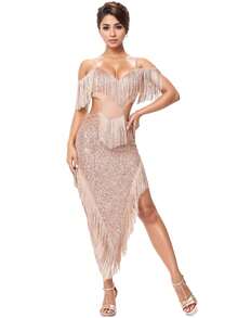 亮片流苏拉丁舞裙，闪亮网纱舞裙，闪亮派对礼服