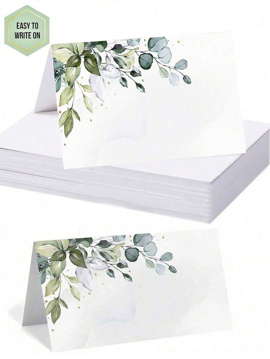 50pcsGreen Leaf Watercolor Place Cards For Weddings Or Parties, Table Seating Cards, Scored, Easy To Fold
