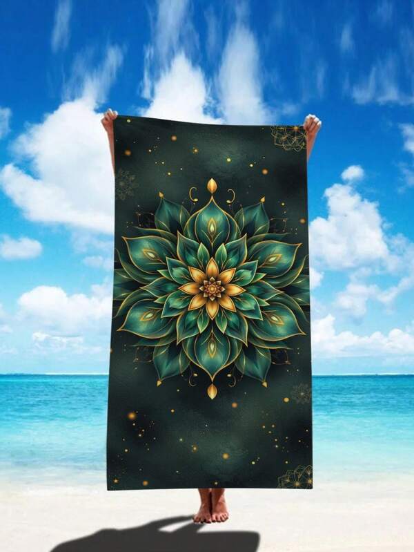 SRH 1pc Dark Green Mandala Pattern Super Fine Fiber Beach Towel With Gold Accents, Multi-Size, Quick Drying, Super Absorbent, Soft & Lightweight, Suitable For Adults & Teens, Vacation, Beach Accessory, Ideal For Beach, Bath, Camping, Picnic, Holiday Essential, Perfect Beach Towel GiftTravel Essentials Travel Accessories Beach Essentials