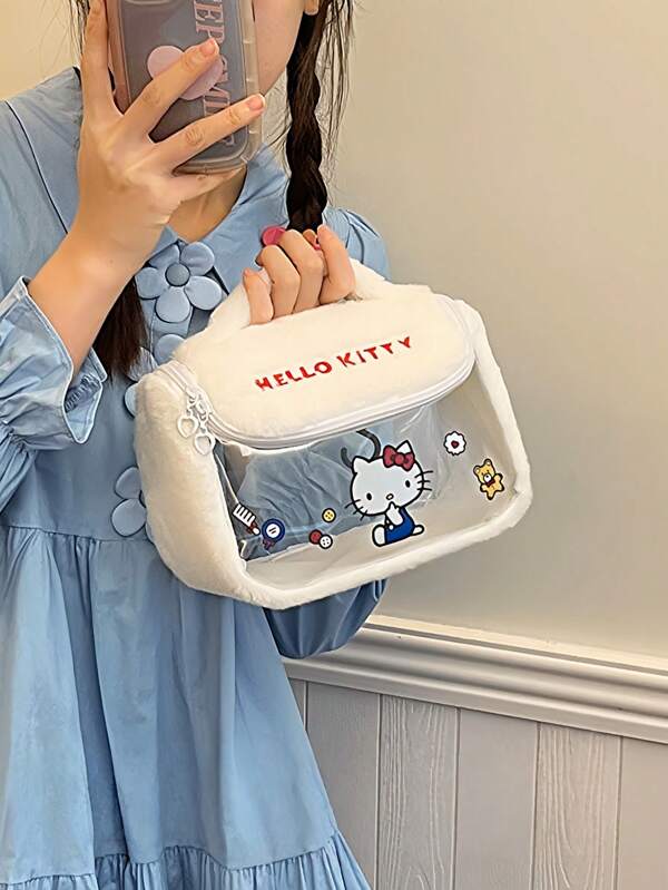 Sanrio 1pc Sanrio Cartoon Plush Transparent Cosmetic Bag,Convenient Large-Capacity Cosmetic Bag Organizer Bag Toiletry Bag,For Outdoor Travel Bathroom Bedroom Holiday Gift Birthday Gift