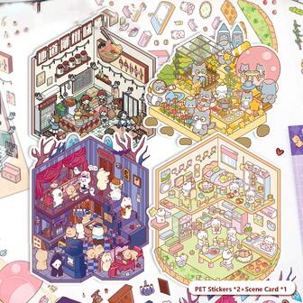 Gör-det-själv 3D-husklistermärken tecknade små landskapsklistermärken söta 3D stereoskopiska stugplanerarklistermärken miniatyrscencollageklistermärken utan att klippas ut för vuxna lindrar stress och dödar tråkig tid