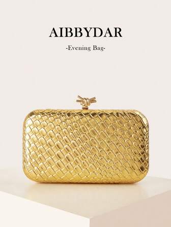 Women's Evening Bag, Gold Fashionable Elegant High-Grade Synthetic Leather Woven Texture Evening Clutch, Chic Snake Skin Pattern Makeup Bag, Portable Wallet, Crossbody Bag With Metal Chain, Suitable For Wedding, Gala, Party