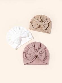 Set de 3 gorros de bebé recién nacido en unicolor, elásticos, con venda de moño - Multicolor - Ver 11