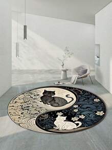 1pc Tai Chi Style Carpet, Black Cat And White Cat Pattern Large Carpet, Circular Floor Mat, Patterned Carpet, Area Carpet, Anti Slip Mat, Living Room Carpet, Bedroom Carpet, Entrance Carpet