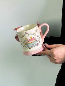 1 件陶瓷生日派对熊杯，可爱/漂亮的韩式水杯，粉色手柄咖啡杯，卡通手绘杯，适合作为生日礼物、老师/同学礼物，可放入微波炉和洗碗机