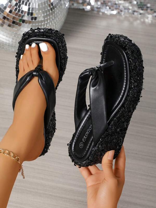 Women's Fashion Gold Edged Thick Sole Flat Sandals, Casual Resort Style Minimalist Elegant Party High Heel Sandals, Suitable For Spring And Summer Seasons